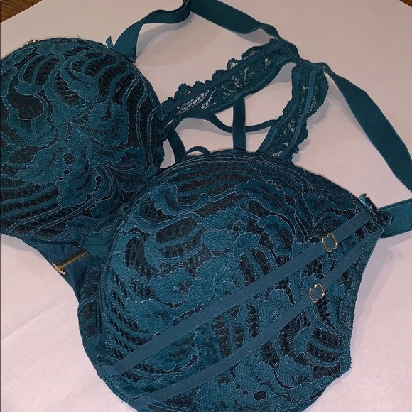 Cacique Boost Plunge Dark Teal Blue Lace Bra RacerBack Underwire Strappy 38DDD - Picture 4 of 11